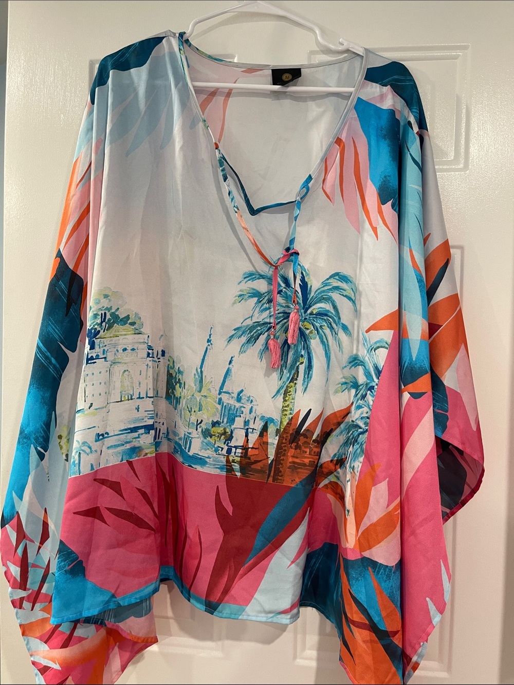 JM Collection Tropical Sheer Swim Cover-Up — Pink, Teal & Orange